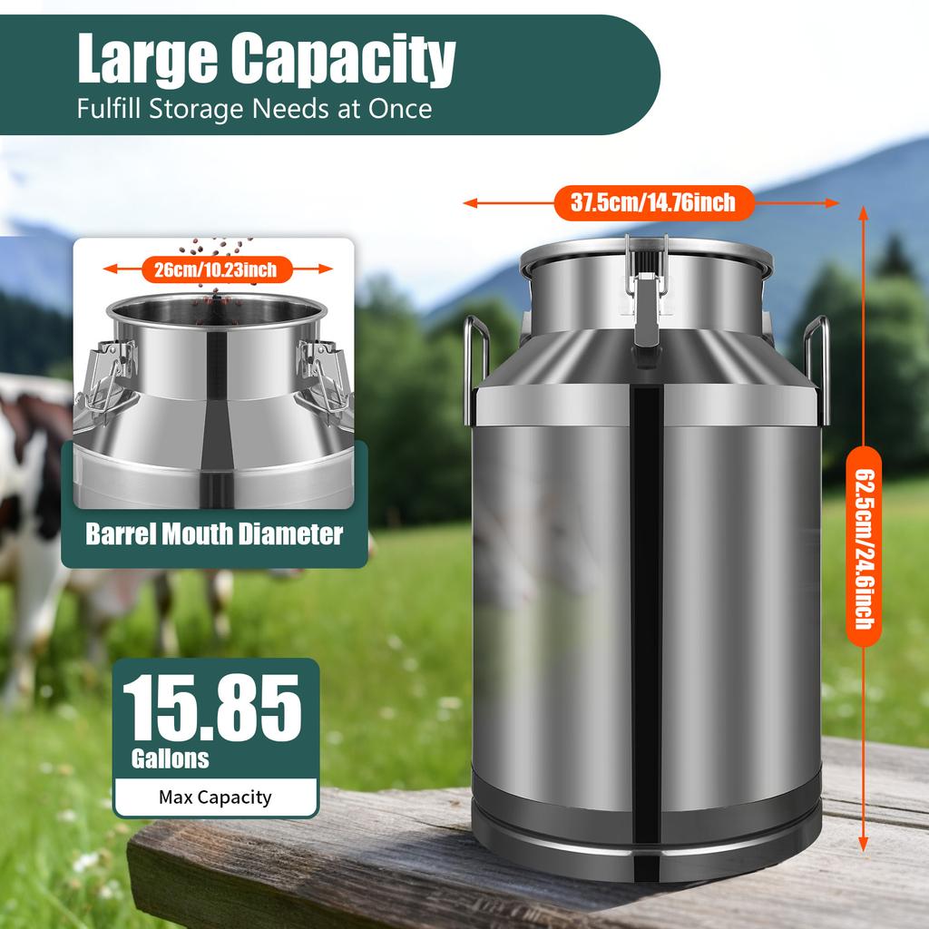 Milk Can 60L/15.8Gallon Stainless Steel Milk Jug Universal Airtight Metal Milk Bucket with Lid, for Liquids and Solid