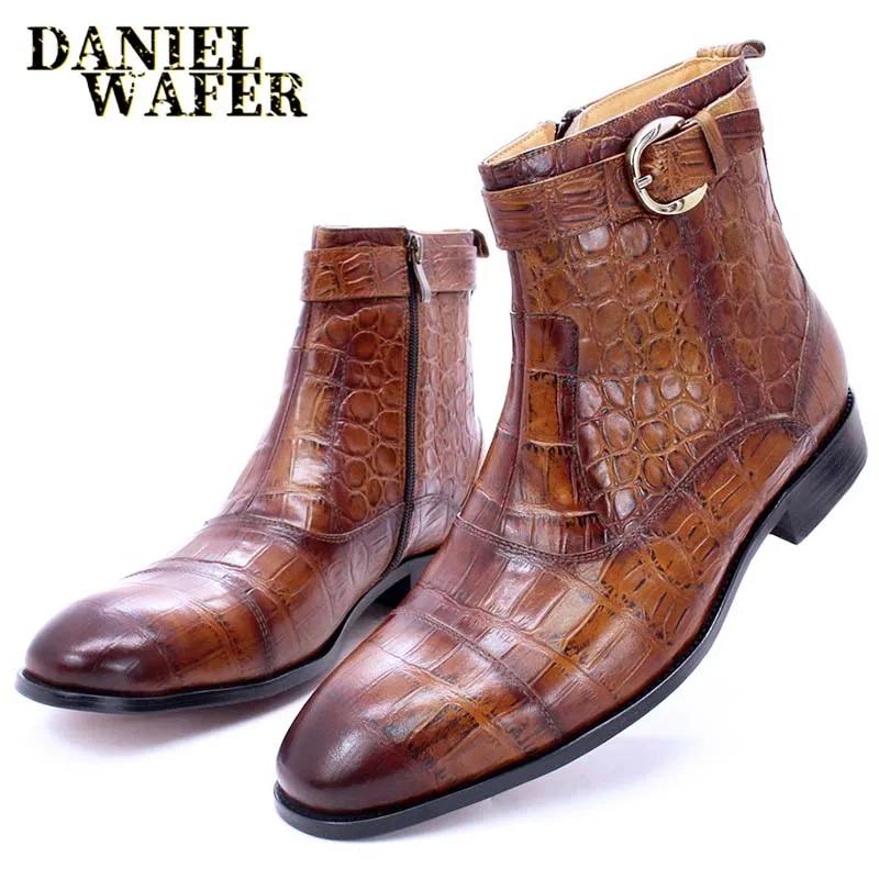 Fashion Luxury Ankle Boots Mens Dress Shoes Black Brown Blue Crocodile Print Genuine Leather Zip Buckle Wedding Office Chelsea Boots Men