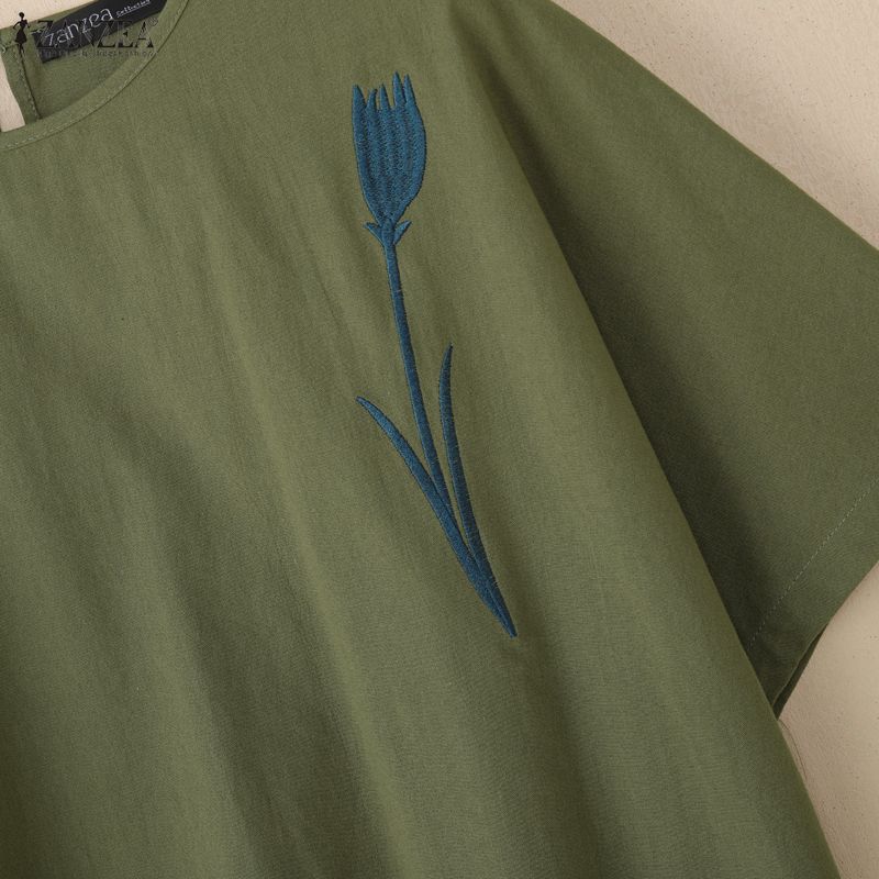 ZANZEA Damen Lässige Runde Halslinie Lockere Print Kurzarm Baumwollbluse