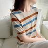 Pure Cotton Knitted Striped Short-sleeved T-shirt for Women In Summer Latest Contrasting Colors Fashionable Niche Design Sense Base T-shirt