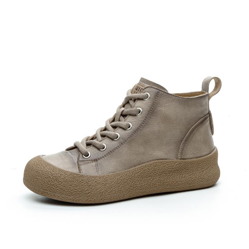 Retro First-layer Cowhide High-top Board Shoes Autumn New Leather Wear-resistant Casual Versatile Platform Women's Shoes