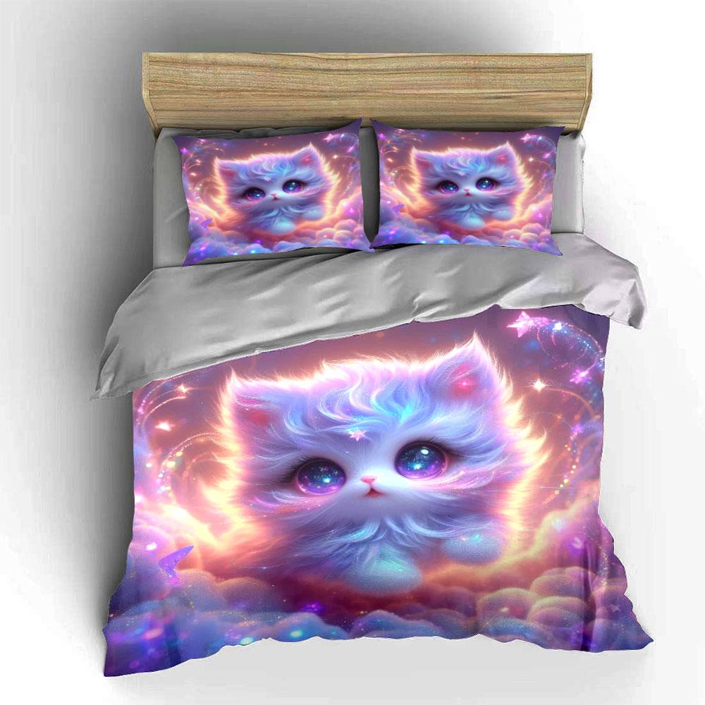 Dreamy Starry Sky Cute Cat Duvet Cover Set With 3D Printing Design Soft Polyester Bedding Set All-Season Comfort For Gifts