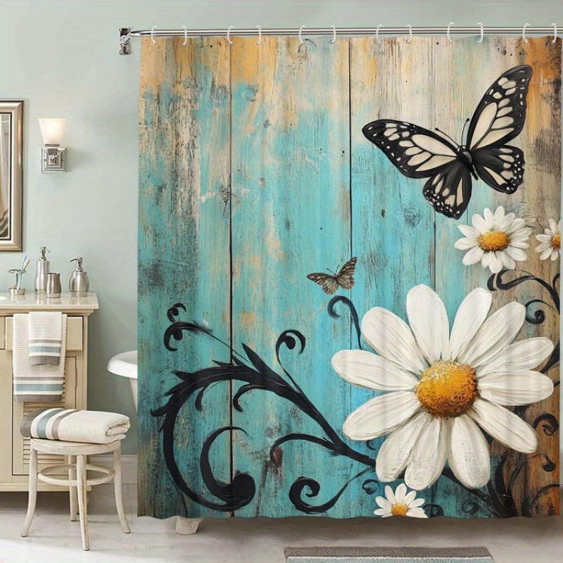 White chrysanthemum butterfly theme shower curtain with hooks for room home hotel machine washable curtain bathroom