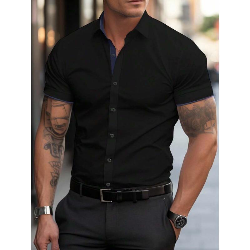 

Men Contrast Trim Short Sleeve Slim Fit Button Down Shirt S чёрный