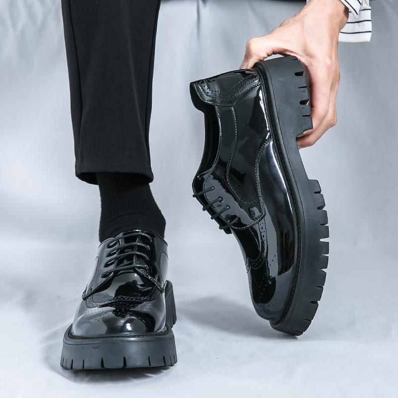 Men's Business Casual Leather Shoes Classic Black Block Leather Shoes Men Thick Sole Elevated Shoes Casual Lace Up Leather Shoes