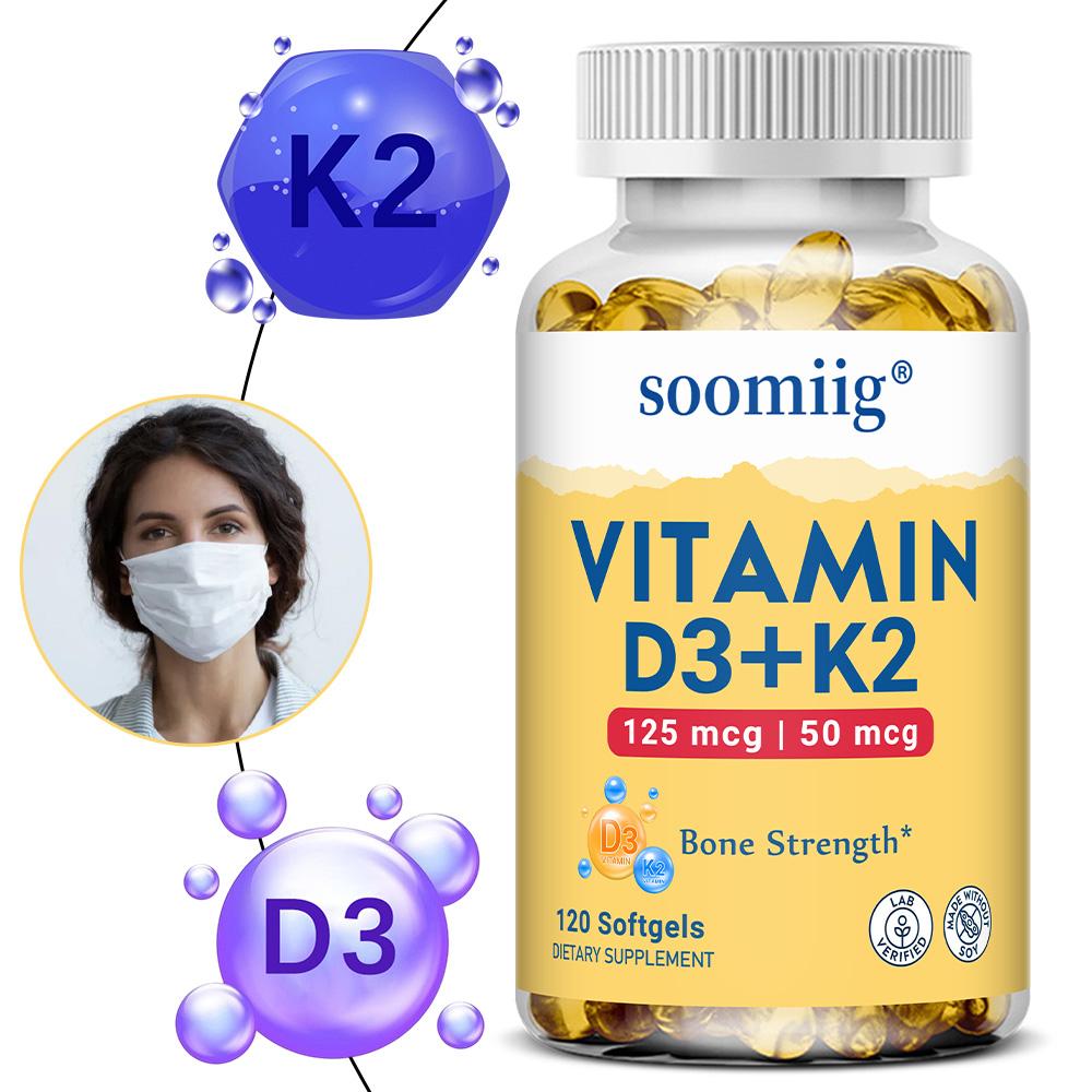 Soomiig Vitamin D3+K2 Nahrungsergänzungsmittel, 5000 IE & 50 mcg K2 (MK-7), mit Kalzium, 120 Weichkapseln