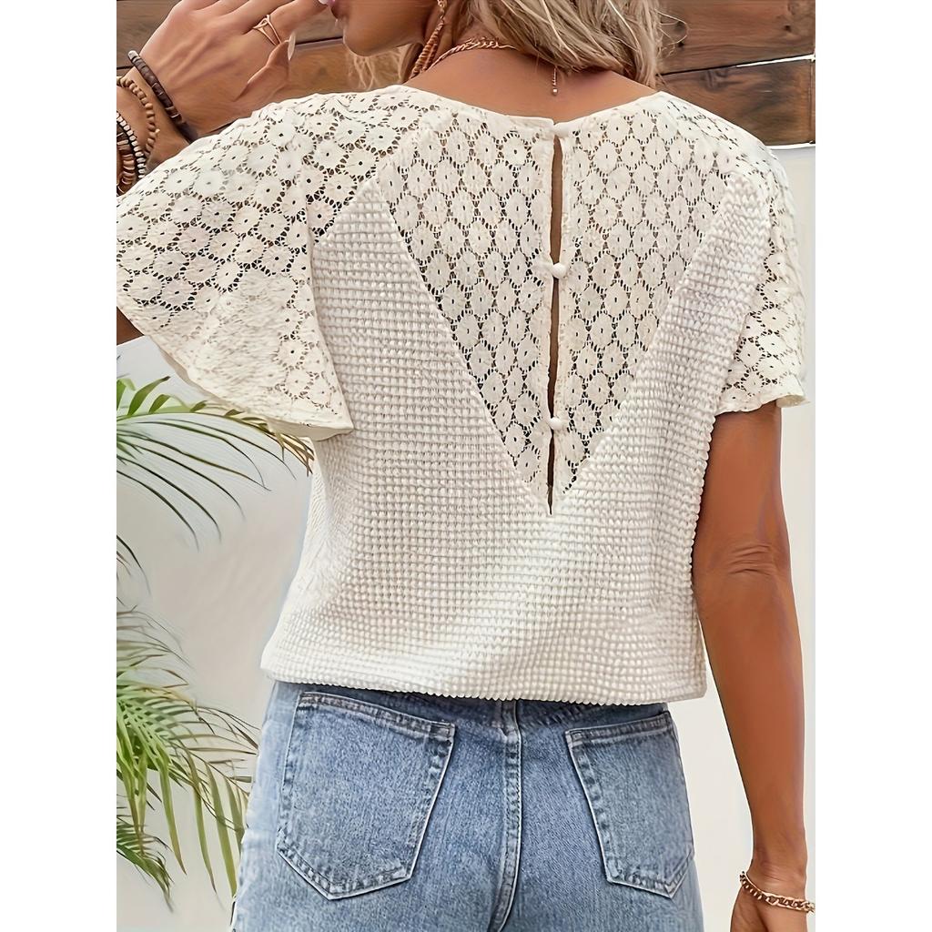 Summer New Women V-neck Lace Loose Casual Commute Knit Top, European American Style Leisure Fashion Knitted Blouse