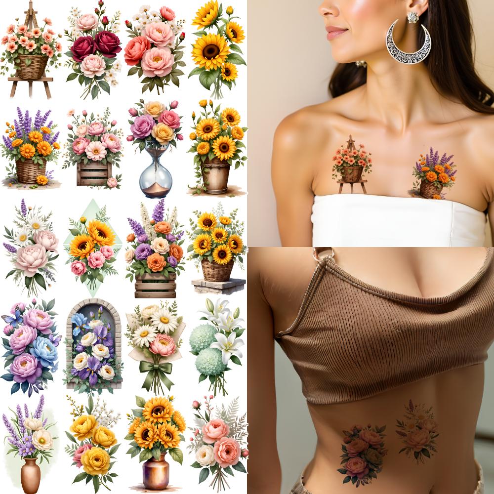 9pcs Temporary Tattoo Flower Bouquets Illustration Floral Arrangements Waterproof Long-lasting Body Stickers For Children