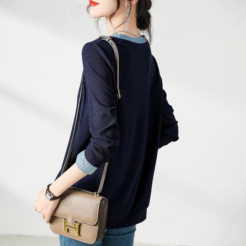 Autumn V-neck Slim Women's T-shirt with Bottoming Knitted Tops for Women