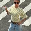 Women Striped Waist Cinched Mid Sleeve Pullover Casual T Shirt Top