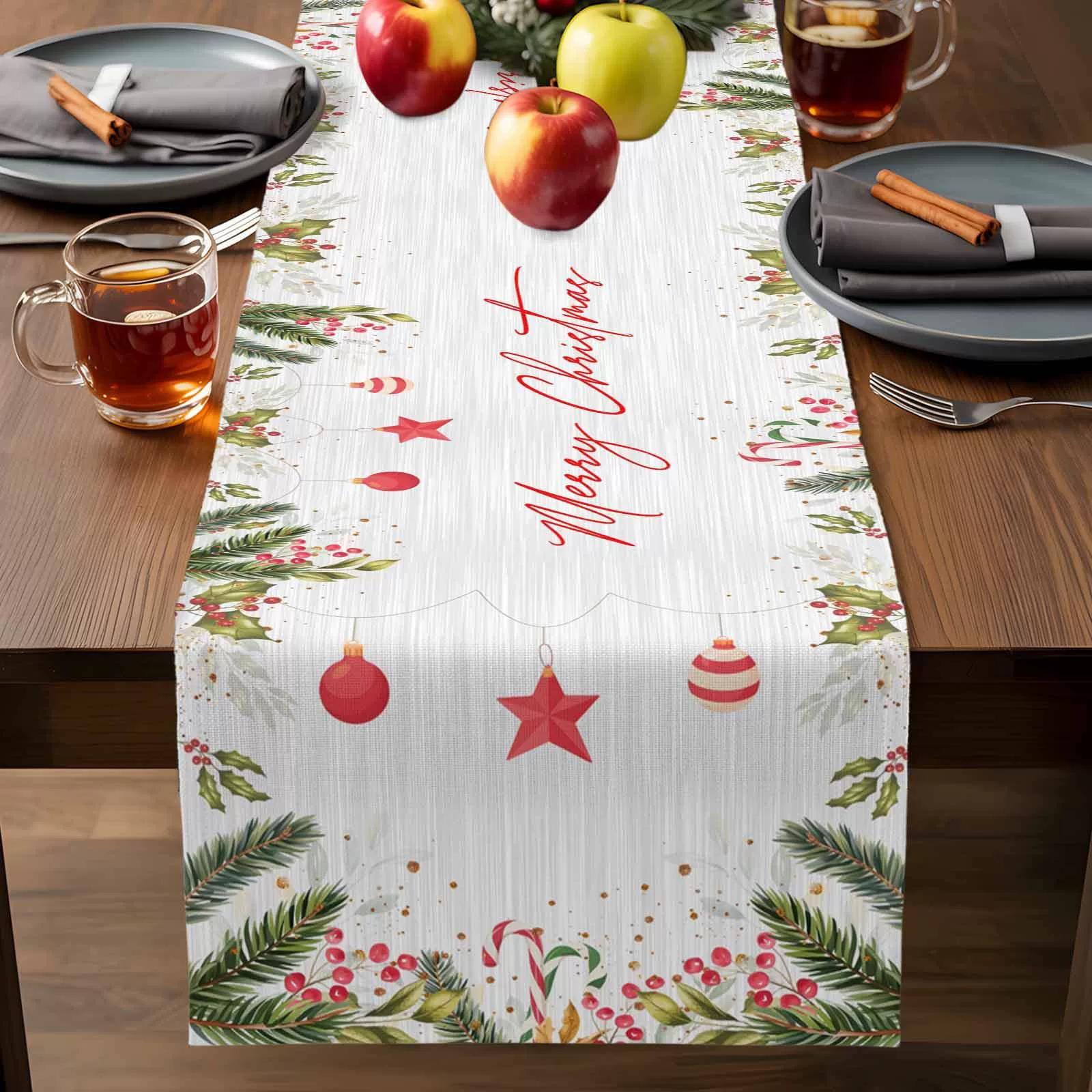 Chemin de table de Noël Baies de houx Aquarelle Chemin de table d'hiver avec houx Pomme de pin Aiguilles Décor de Noël, Décor Rustique Vintage 33x275cm