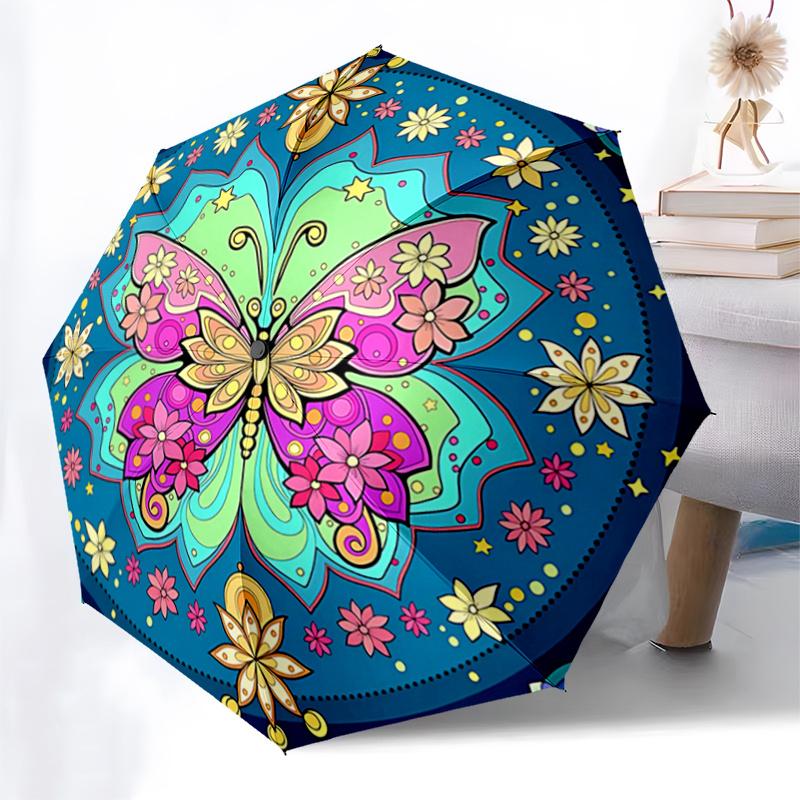 Colorful Butterfly Mandala Automatic Opening Folding Umbrella - Portable 3-Fold Design with Iron Frame -, Travelers, Daily Use - Perfect Gif