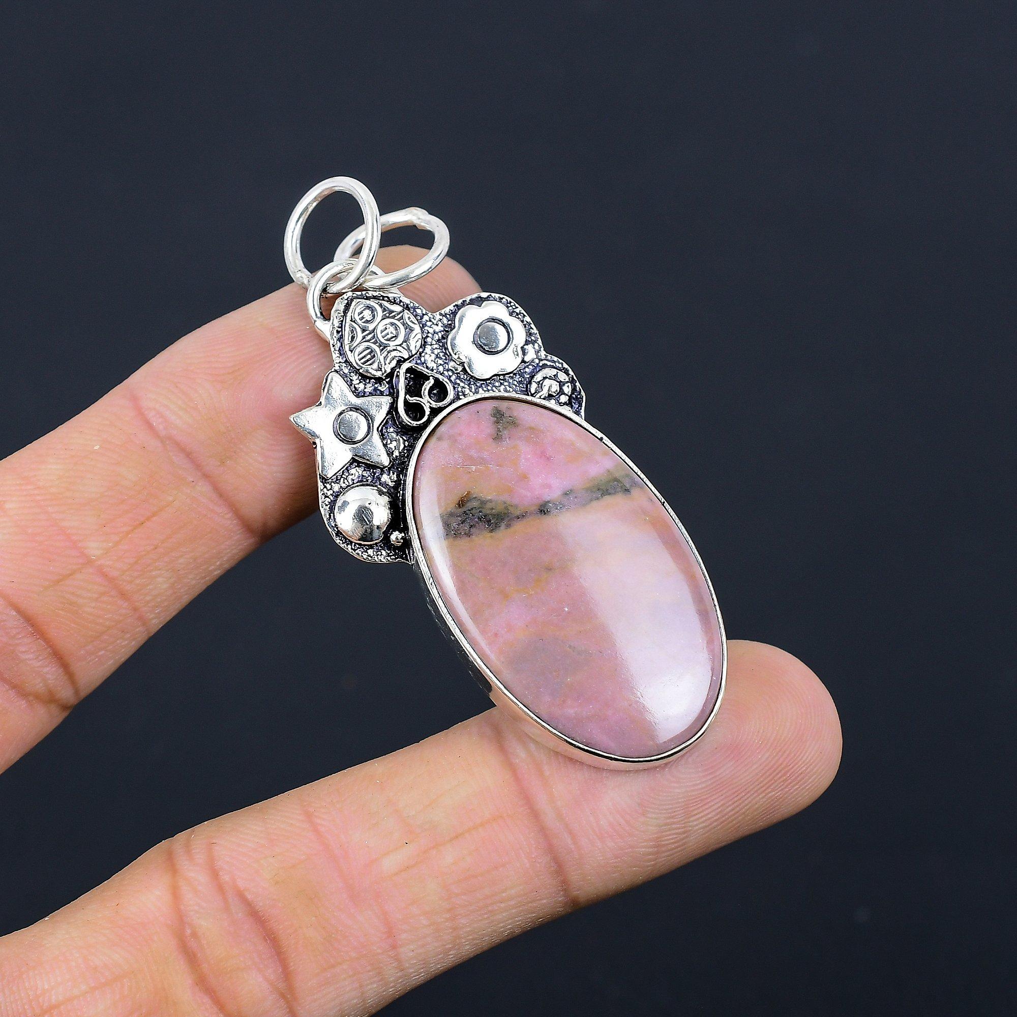

925 Sterling Silver Rhodonite Stone Wife Ethnic Trendy Bezel New Pendant Jewelry