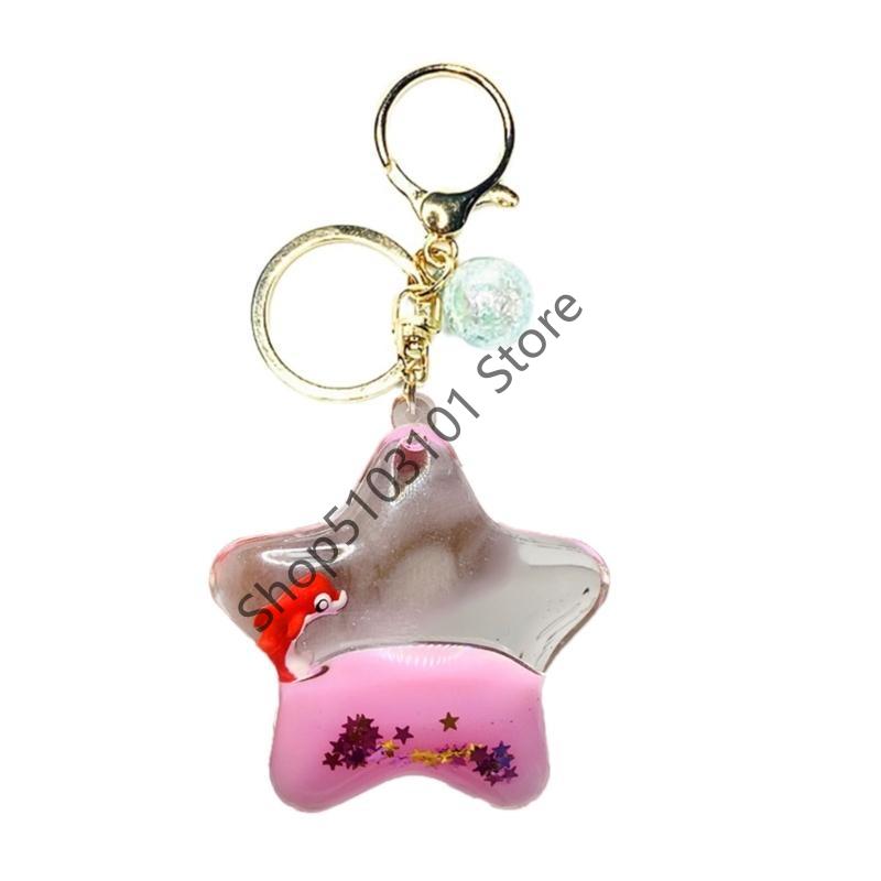 

X6HE Unique Pentagrams Oil Liquid Keychain Star Shaped Keyring with Cartoon Animals Stylish Acrylic Accessory
