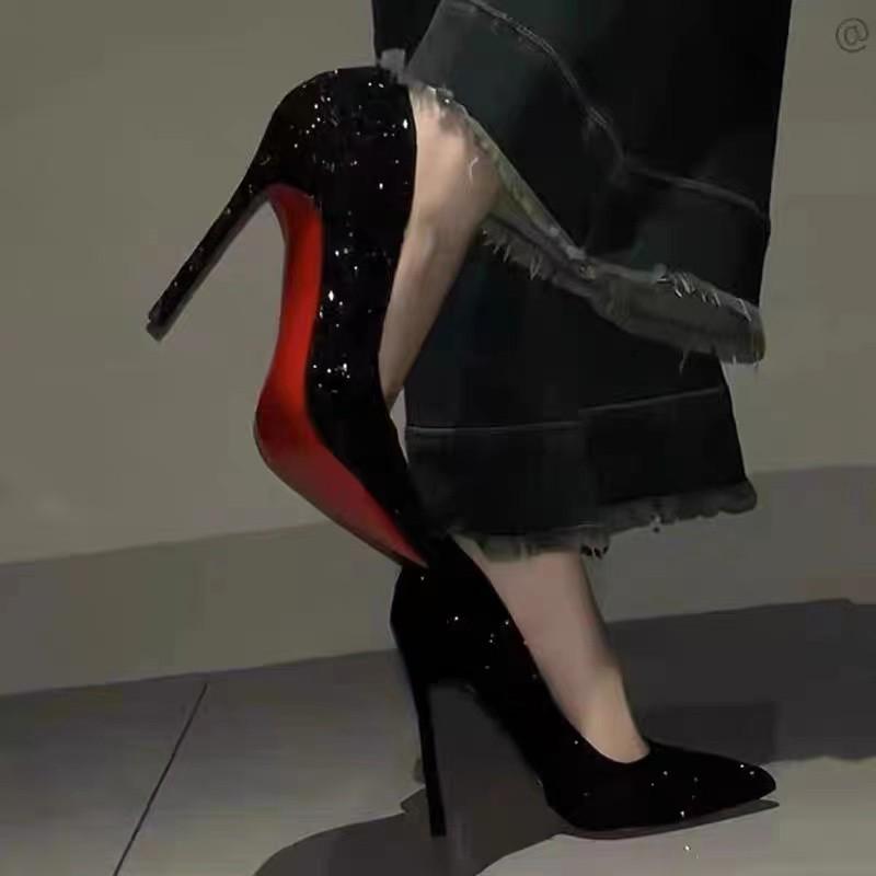 2024 Women's Glitter Red Bottom Black Stiletto Heels, Size 43 - Sexy Pointed Toe, Professional, Elegant, and Absolutely Stunning Single Shoes.