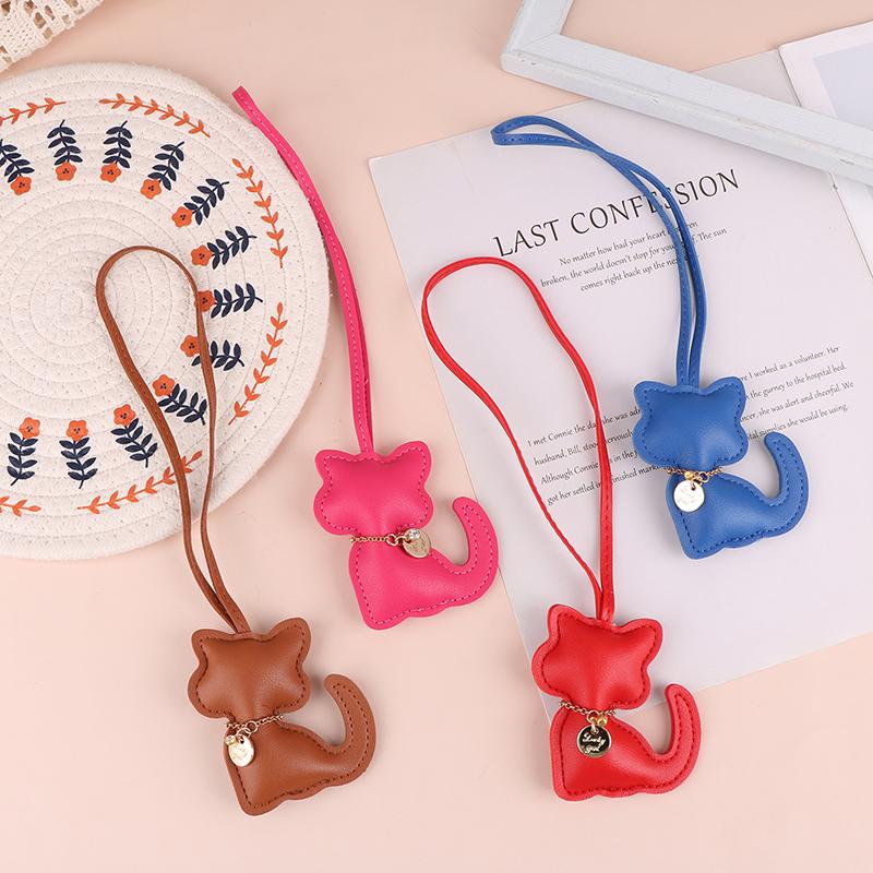 Pu Leather Cat Pendant Keychain Cute Animal Keyring Women Bag Charm Handbag Hanging Decoration For Girl Gifts