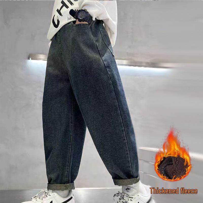 

2025 Осень/Зима Мальчиковые Толстые Джинсы на Флисовой Подкладке - Модные и Теплые Цельные Брюки для Детей 130cm for 120-130cm