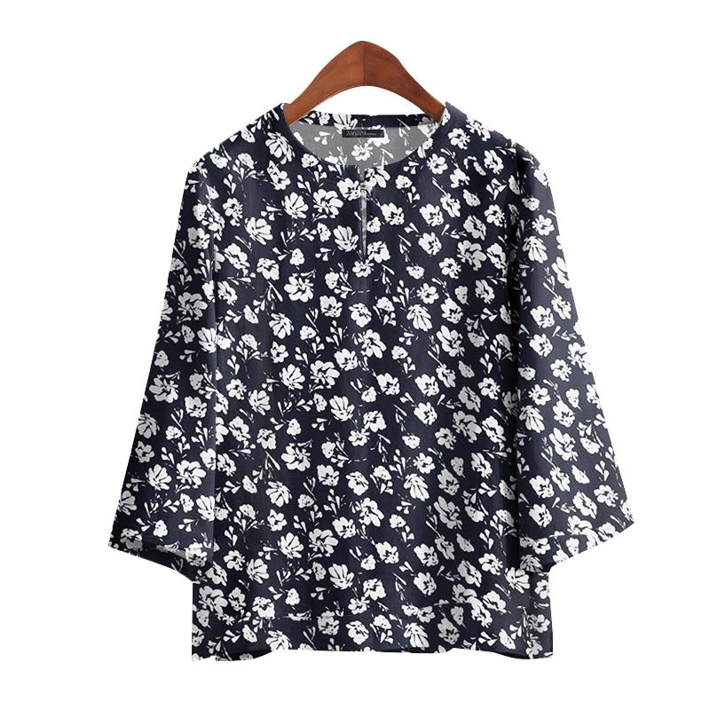 

ZANZEA Женская повседневная блузка с круглым вырезом и рукавами 3/4 с цветочным принтом M темно-синий