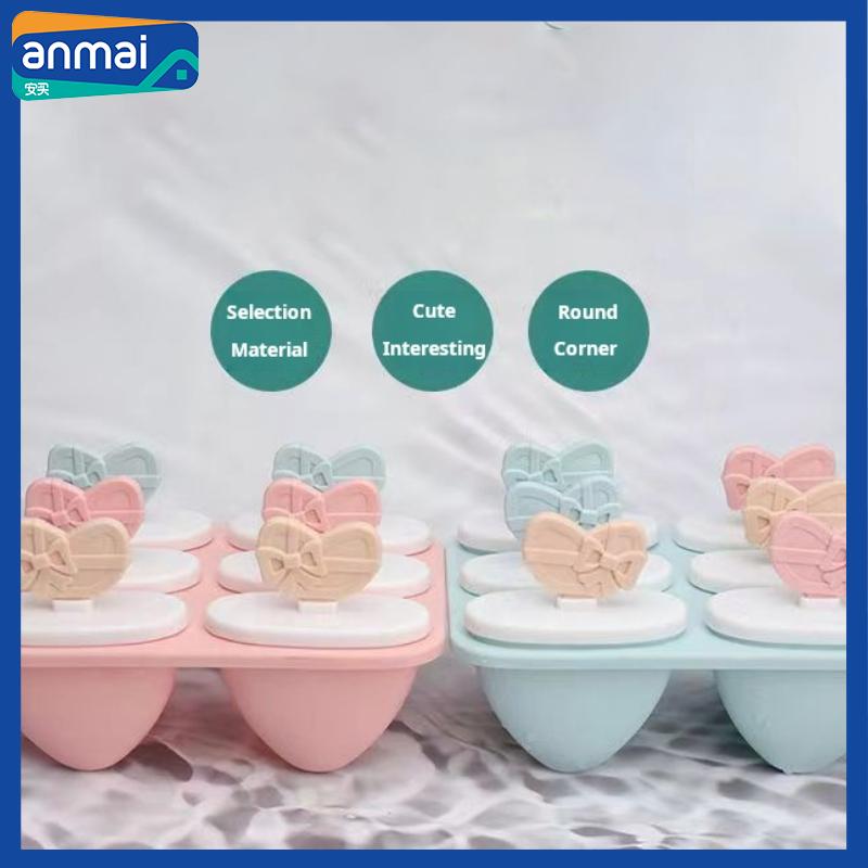 Anmai 6 Grid DIY Ice Cream Mold Popsicle Maker with Handle Heart Shape Pink Blue Ice Maker Food Grade PP Material Kitchen Tool