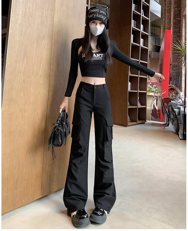 Spring 2025 Women's Black High-Waist Slim Fit Flared Workwear Pants