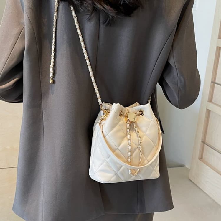 Rhombus Drawstring Through Leather Gold Chain Mini Bucket Bag