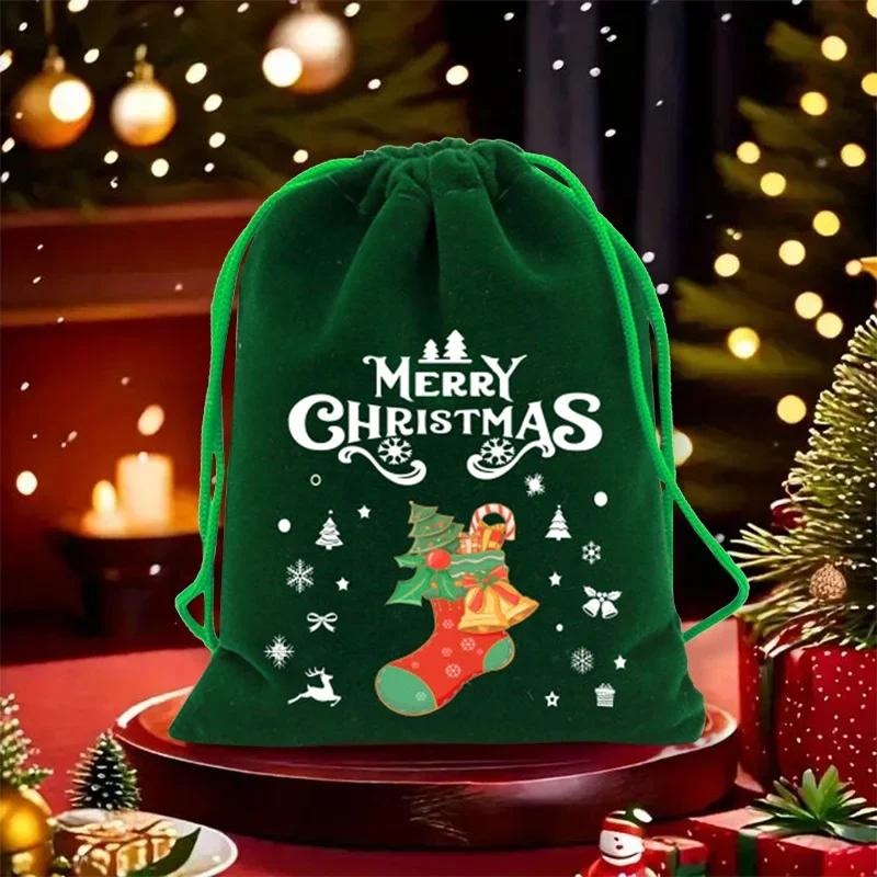 10 Stück Frohe Weihnachten Samtbeutel Grün Kordelzugbeutel Süßigkeiten Geschenktüte Schmuckverpackungsbeutel Weihnachten Neujahr Partyzubehör