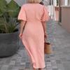 Summer Maxi Dress V Neck Lace-up Waist Bubble Sleeves Solid Color Loose Long Dress for Daily Life Date Work Party
