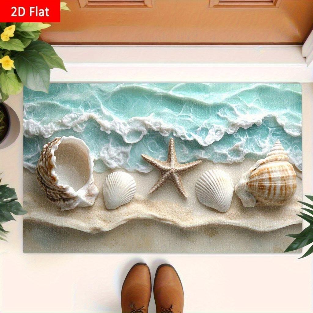 2D Flat Print Ocean Waves Seashells Design Welcome Doormat for Comfortable for Living Room Bedroom Bathroom Kitchen Home Decor