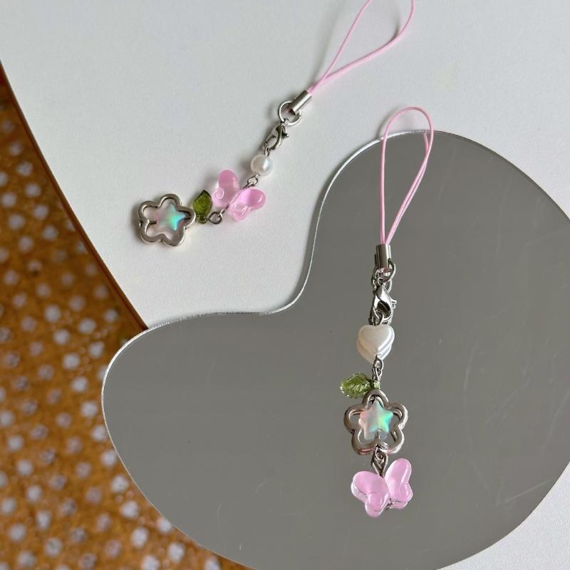 Ręcznie robiony łańcuszek do telefonu z koralików kwiat i motyl zawieszka do telefonu komórkowego kolorowy brelok wisiorek dodatek do telefonu komórkowego