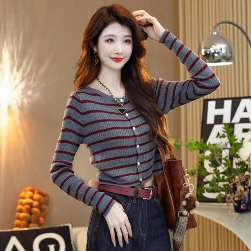 Striped Knitted Bottoming Shirt Women's Early Autumn Outer Cardigan Versatile Long-sleeved Top