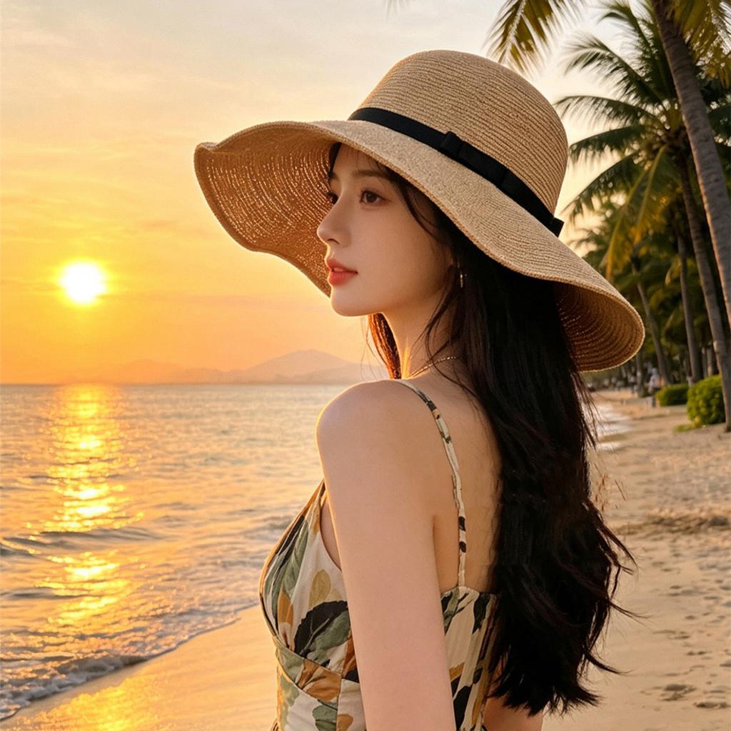 Japanese Style Folding Fine Braided Straw Hat Woman Fashion Wide Brim Vacation Sun Protection Beach Hat Accessories