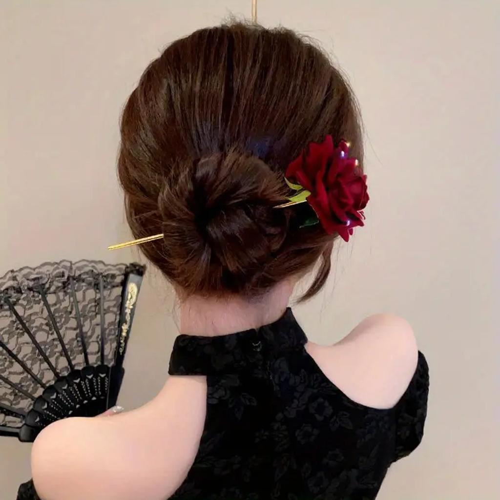 Temperament: Water Diamond, Red Rose, Pan Hairpin, Women's Simple New Hairpin,Elegant Ancient Style Hair Accessories