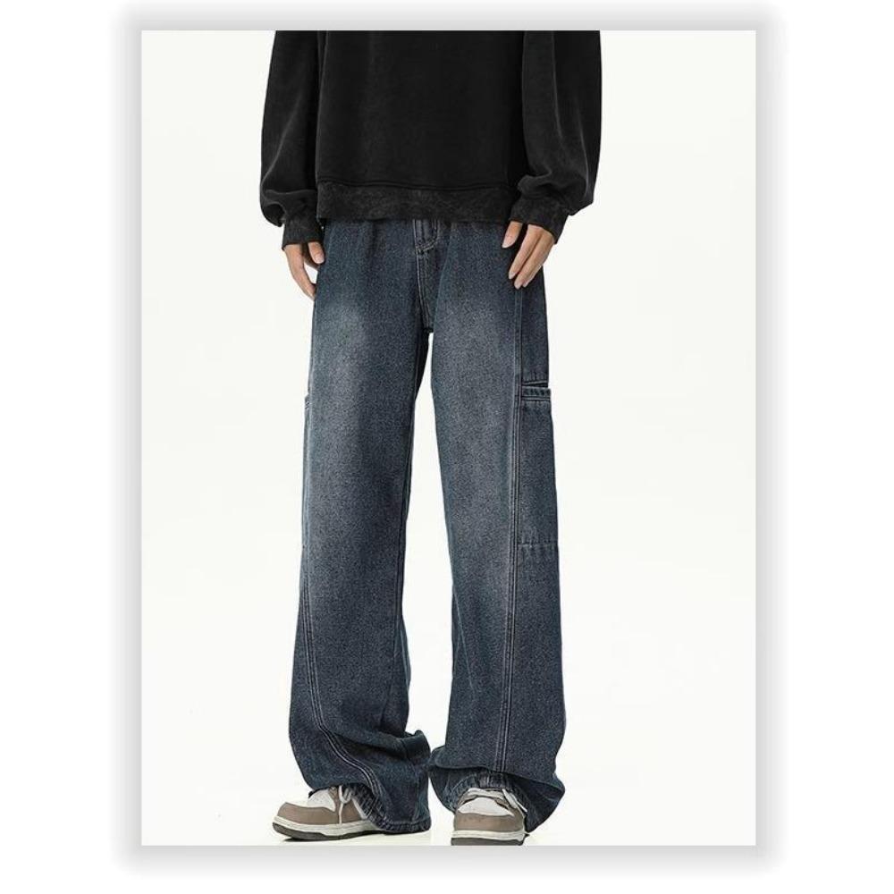 Men's Trendy Washed Workwear Jeans Loose Straight Leg Wide Leg High Street Casual Long Pants