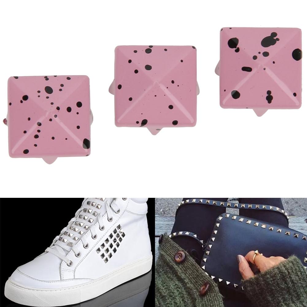 200 Pcs Pyramid Stud Clothing Bag Decorative Accessory Metal Pyramid Rivets 10mmPink Base and Black