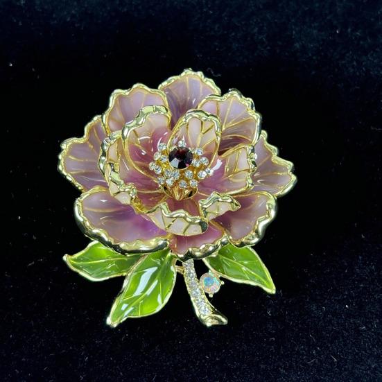 Women Brooch Sparkling Rhinestones Enamel Peony Shape Lapel Pin Suits Coats Bags Scarves Badge Versatile Accessory