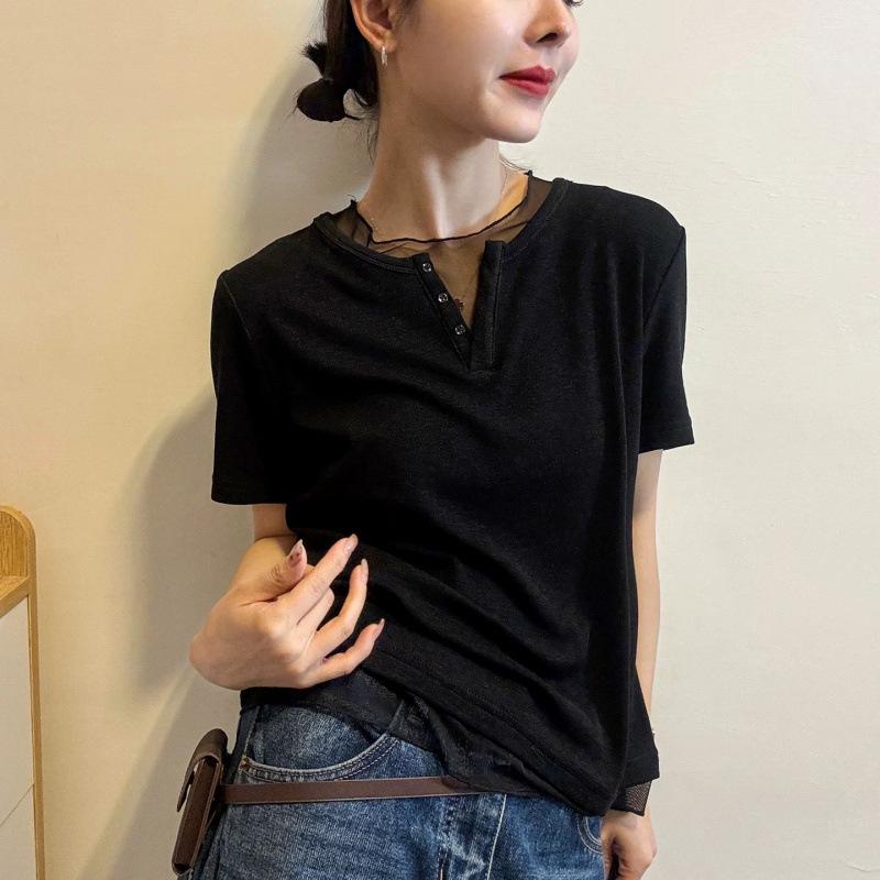 

2026 Summer Plus Size Mesh-Spliced Slim Top for Women 3XL чорний