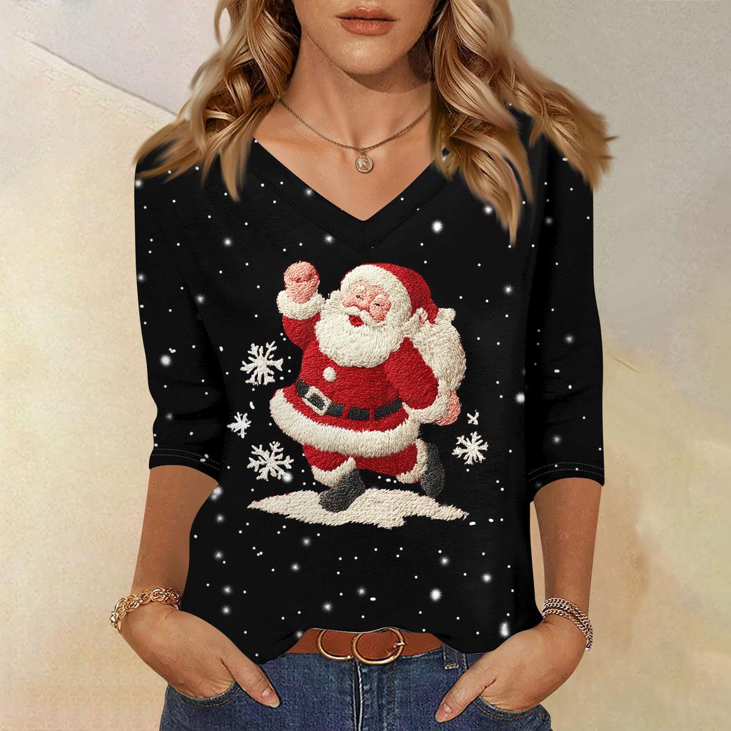 3/4 Sleeve Shirts For Women Print Christmas Tees Blouses Casual Plus Size Basic Tops Pullover
