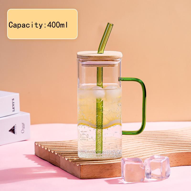 400ML Wide Mouth Mason Jar Drinking Glasses with Bamboo Lids & Straws And Square Color Handle Cup Beer Iced Coffee