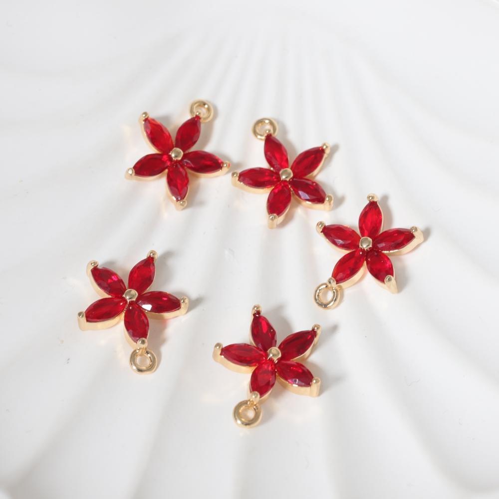 Pink Zirconia Flower Copper Charms, Golden Plated DIY Jewelry Pendants for Earring Necklace Craft