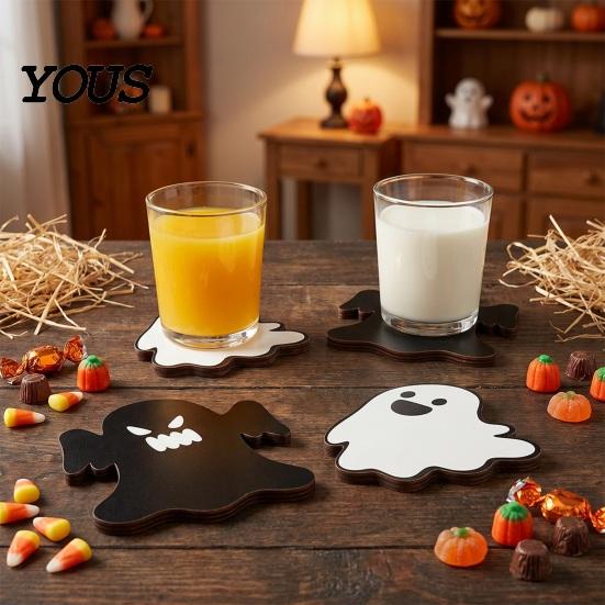 Halloween Wooden Coasters 4Pcs Coasters, Spooky Ghost Skull Design Drink 2D Heat-Resistant Practical Holiday Housewarming Gifts Round Mats for Coffee