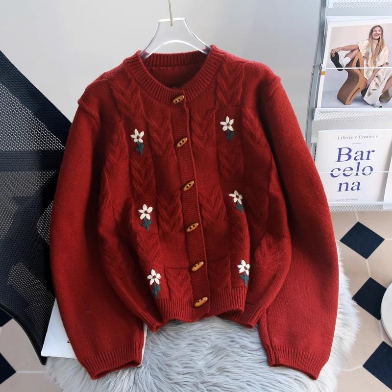 Vintage Heavy Embroidery Cable Knit Sweater Coat Women Autumn Loose Thick Lazy Style Cardigan