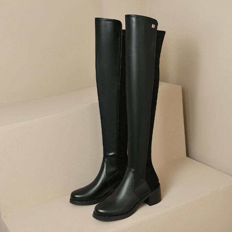 

European and American new women s high boots non-slip rubber soft sole medium heel large size women s boots comfortable round head solid color 39 чёрный