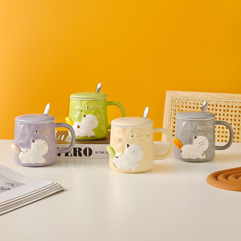 Cartoon Cute Relief Cat with Lid Spoon Ceramic Cup Gift Set Mug Creative Personality Water Cup Girls