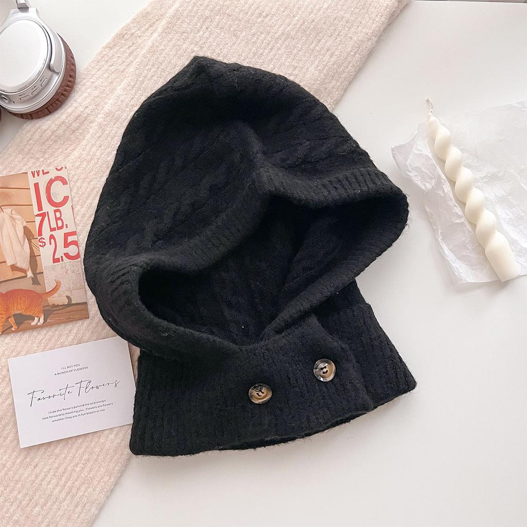 Soft Solid Beanie Winter Women Warm Knit Hat Pile Caps Button Ear Protection Tie Pullover Hat