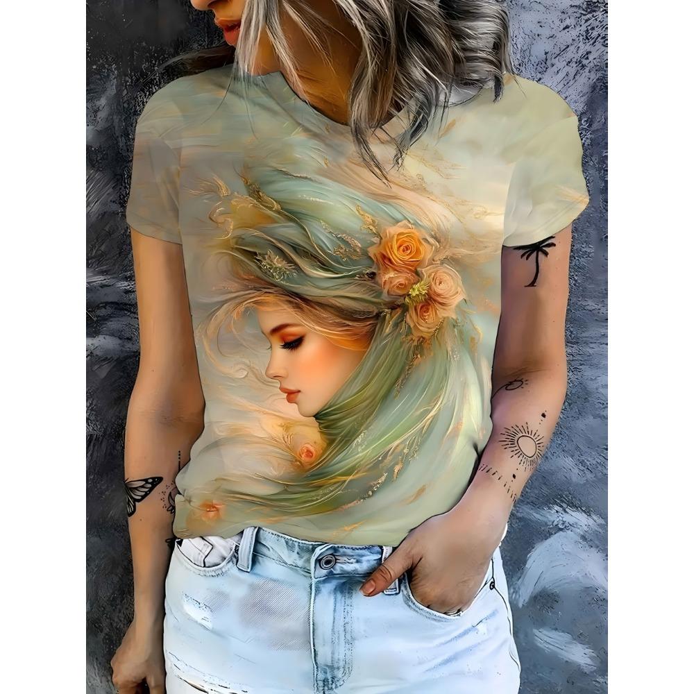 3D Printed T-Shirt for Women Artistic Facial Pattern T-Shirts Summer Fashion O-Neck Loose Tops Short Sleeve Tees Female Clothing