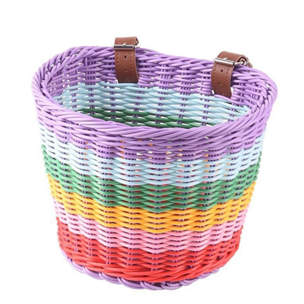 Front Bicycle Baskets For Kids Bike Handlebar Soft Wicker Handwoven Bike Basket Bag Rainbow Color Front Bicycle Panniers Decor