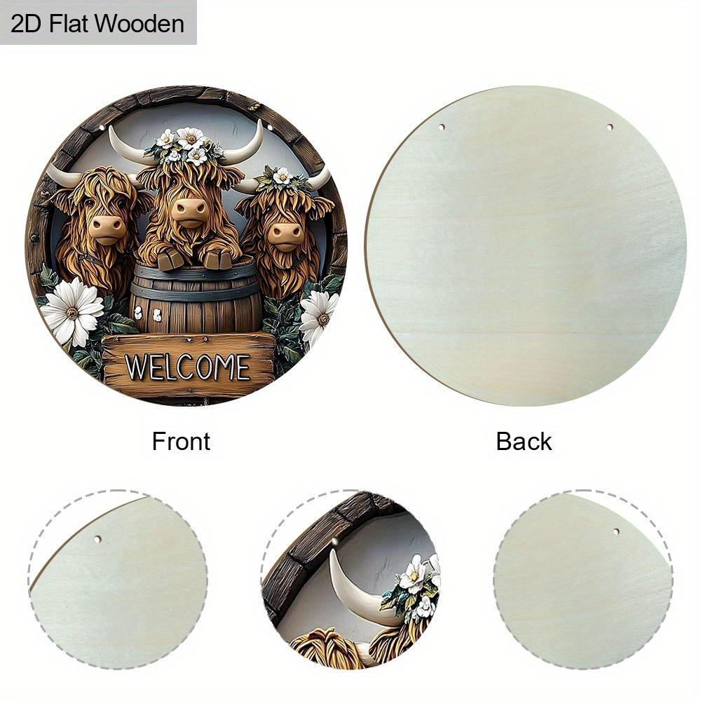 Retro Wooden Welcome Sign with Highland Cattle Design - Rustic Decorative Plaque for Farmhouse, Front Door, Herd Decorations