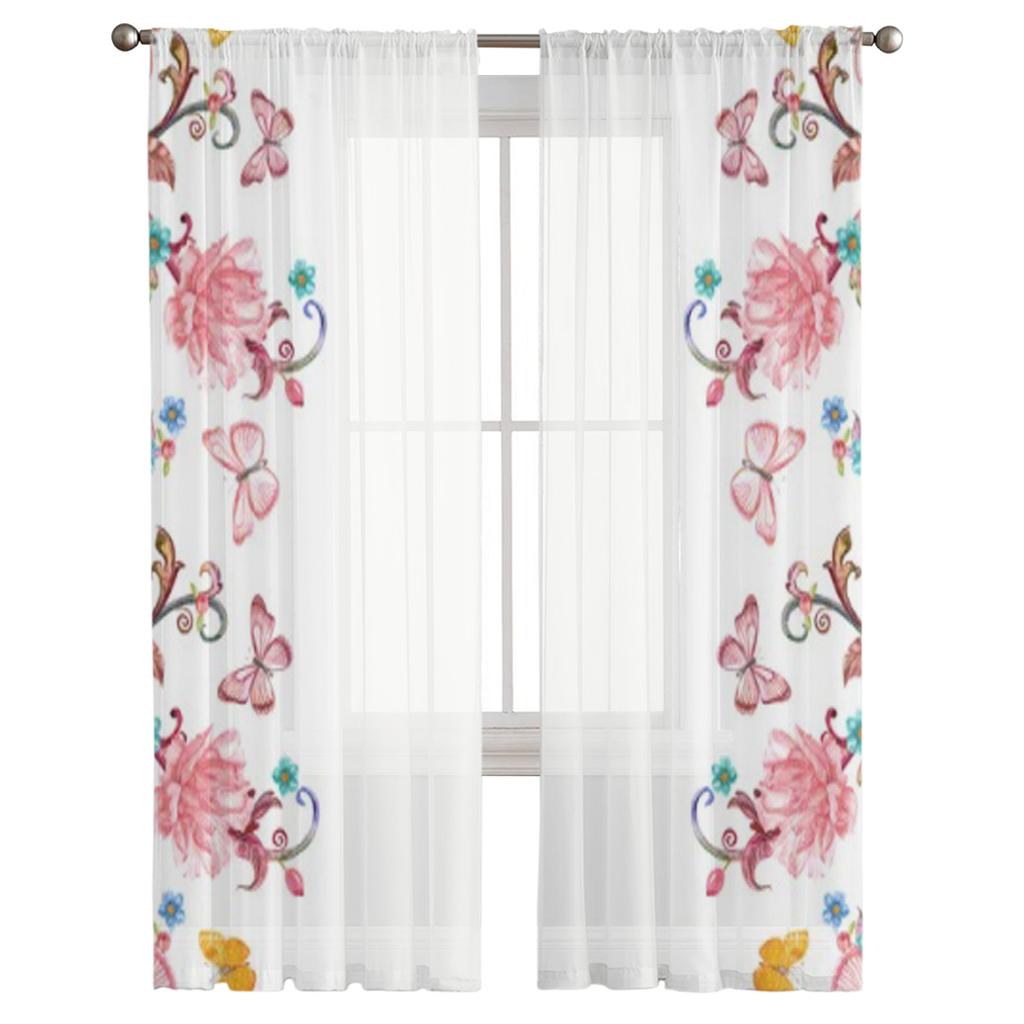 Floral Butterfly White Bay Window Screening Curtains Drape Panel Sheer Tulle For Living Room Bedroom Voile Organza Curtains