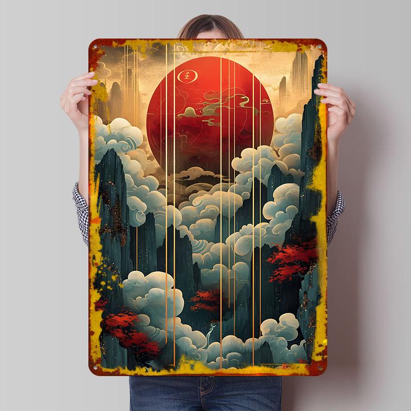 

Asian Landscape With Red Sun and Clouds Tinplate Poster Customized Wall Art Vintage Retro Metal Signs for Home Decor Items Room 20x30cm（7.8x11.8inch）