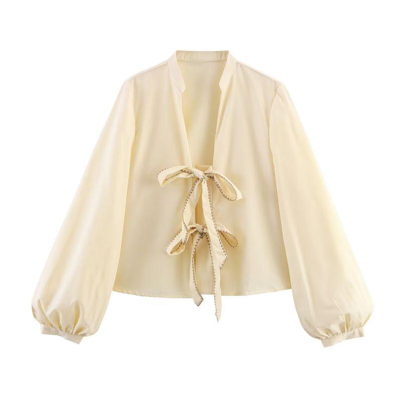 Jnleaog Spring New Arrival Women's Clothing Fashion Style French Fashion 3 Colors Shoelace Bowknot Decoration Casual Long Sleeves Shirt